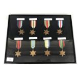 A framed collection of Second World War campaign medals including a reproduction Air Crew Europe