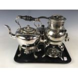 Two electroplate spirit kettles on stands together with an American Universal 006 coffee percolator