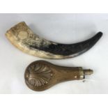 A Victorian copper powder flask and a reproduction powder horn