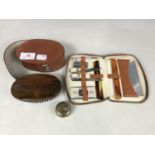 Sundry vintage travel grooming sets together with a pocket ashtray
