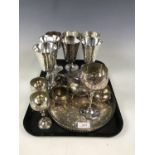 A three piece bachelor electroplate tea set together with ten various electroplate goblets
