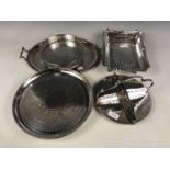 An electroplate tea tray, two further trays, a basket and a sandwich platter