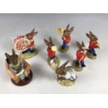 Five Royal Doulton Bunnykins figurines from the 'Oompah' band together with Olympic Bunnykins etc