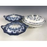 Two blue and white tureens together with one other