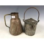 A North African copper jug together with a covered box
