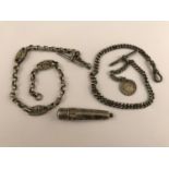 A Victorian silver 'Albert' watch chain with coin fob, of graded curb links, together with one other