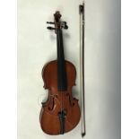 A late 19th / early 20th Century violin and bow, the former having two-piece back (13 inches
