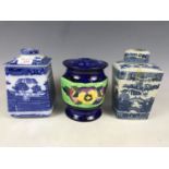 Two Ringtons Willow pattern lidded jars together with a Maling Ringtons rose bowl