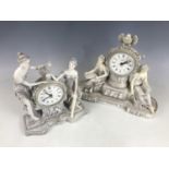 Two Juliana bisque figural mantel clocks, of late 19th Century Classical Revival influence, with