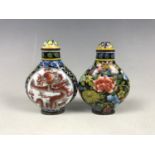 Two Chinese / Canton enamel snuff bottles, one decorated with a dragon, each 6.5 cm