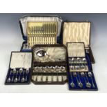 Seven cased electroplate cutlery sets, including teaspoons, dessert spoons and fish eaters