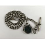 A Victorian silver 'Albert' watch chain, having T-bar, swivels, and swivel fob seal set with