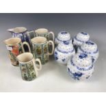 Five Ringtons jugs together with five Ringtons ginger jars