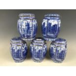 Five Ringtons Cathedral pattern lidded biscuit barrels (one cover a/f)