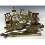 A quantity of brass ware including deer figures, bellows and bells etc