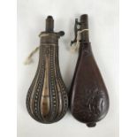 A 19th century copper powder flask by James Dixon and Sons of Sheffield, and an embossed leather
