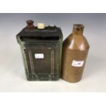 A vintage Exide glass battery together with a stoneware ink bottle