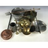 A quantity of period copper, brass and pewter, including a jam pan, toasting forks and a planished