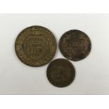 18th and 19th century coins and tokens, to include a George III copper gaming token, bearing the