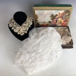 An early Victorian handmade lace collar, further lace sections and an antique tulle veil