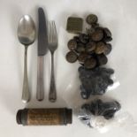 Sundry militaria including cutlery, buttons and insect repellent