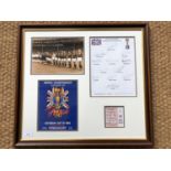 A framed display of England 1966 World Cup documents and facsimile signatures, mounted under