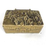 A small brass vesta or match box, the hinged lid cast in relief depiction of mounted huntsmen, 7 x 4