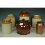 Five stoneware jars and lidded pot (a/f)