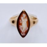 An antique 9ct gold and cameo ring, the navette shaped face carved in depiction of Andromache, bezel