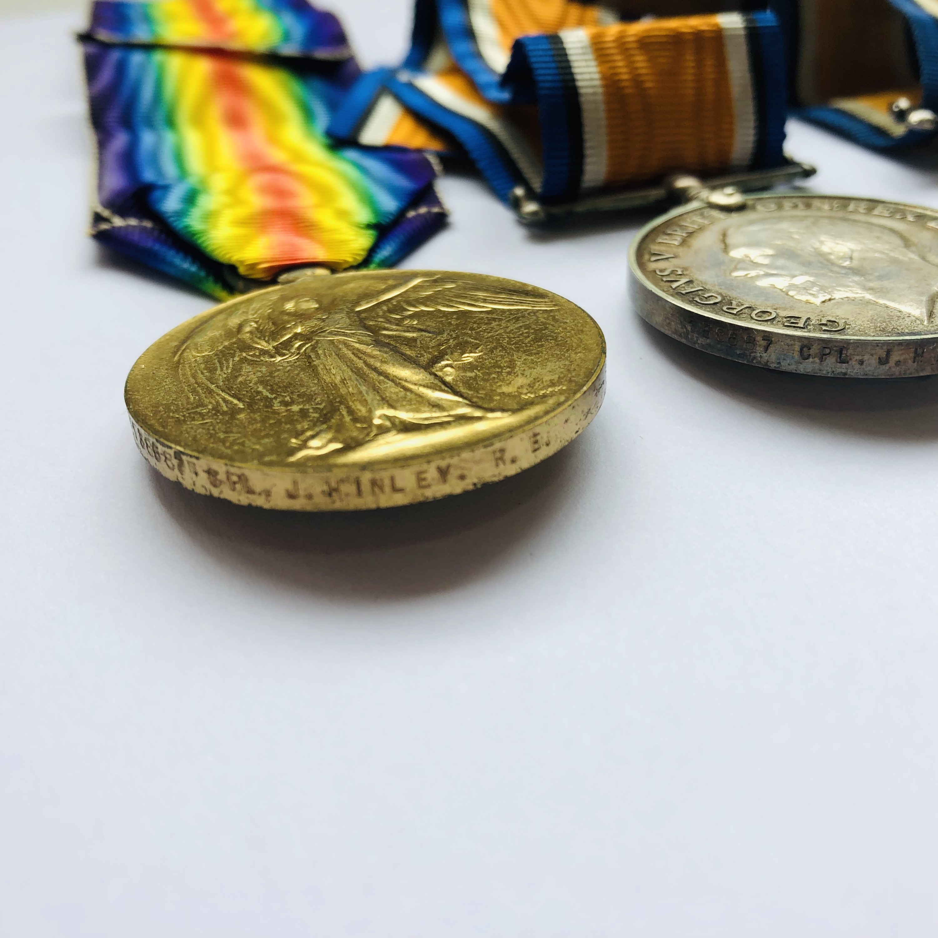 British War and Victory Medals to 138587 Cpl J Hinley, RE, together with a British War Medal to 7216 - Image 3 of 3