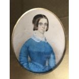 (19th century) Three quarter length portrait of a young lady in a blue silk dress and lace collar,