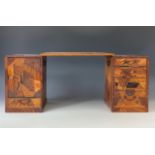 A late Meiji / Taisho Japanese kodansu cabinet / miniature kneehole desk, parquetry veneered