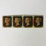 A multiple / plate strip of four QV 1d / Penny Black stamps, (PC-PF), with red Maltese Cross