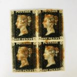 A multiple / partial plate of four QV 1d / Penny Black stamps, (QK, QL, RK and RL), with red Maltese