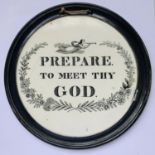 A Victorian religious circular wall plaque bearing the legend "Prepare to Meet Thy God", 18.5 cm