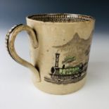 A mid 19th century Staffordshire pottery railway pattern mug, decorated in the round with a