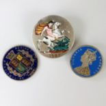 Three Victorian champleve-enamelled and brooched silver coins, including an 1887 crown, an 1877