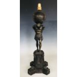 A Victorian bronzed brass oil lamp base modelled as Atlas supporting the globe of the Earth on his