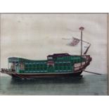 An early 19th century rice paper painting of a richly decorated Chinese boat on the Pearl River,