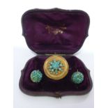 A Victorian turquoise and yellow-metal Etruscan Revival demi-parure, comprising brooch and ear-