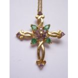 A high-carat yellow-metal, diamond, emerald and amethyst cruciform pendant necklace, of Celtic