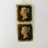 A multiple / plate strip of two QV 1d / Penny Black stamps, (GD and RD), with red Maltese Cross