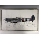 [Autographs] An illustration of an RAF Spitfire in flight, offset-lithographic print, signed beneath