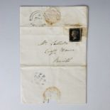 A QV SG 1-3 1d / Penny Black stamp used on cover, the letter being sent from Hawksdale Hall,