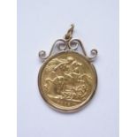 A 1912 gold sovereign, in a 9ct gold pendant mount, 9.5g total