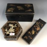 A Meiji Japanese black-lacquered two compartment tea caddy, a glove box and Shibayama box