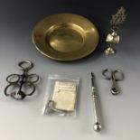 Sundry collectors' items including an HMS Frobisher brass "trench art" dish, a nut pick, olive /