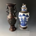 A Chinese crackle ware porcelain vase, together with a bronzed vase