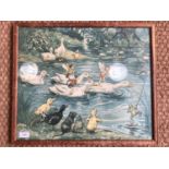 After Margaret Tarrant (1888-1959) The Goose Race, a nursery print, framed under glass, 44 x 52 cm