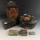 Six advertising tins including Thornton's Assorted Toffees, Songster Needles, and Tam-O-Shanter